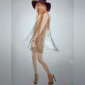 NEW Parker Silk Sequin Tassel Swing Fringe Mini Dress Nude Small